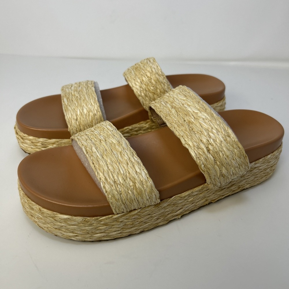 Woven Raffia Double Strap Platform Slide Sandals - Tan/Cognac -‎ Women's 7.5 NIB